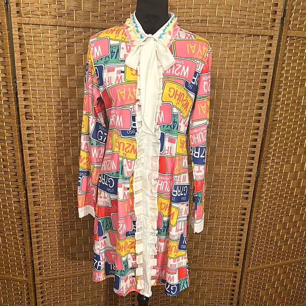 Colorful Graphic Long Sleeve Dress with Bow